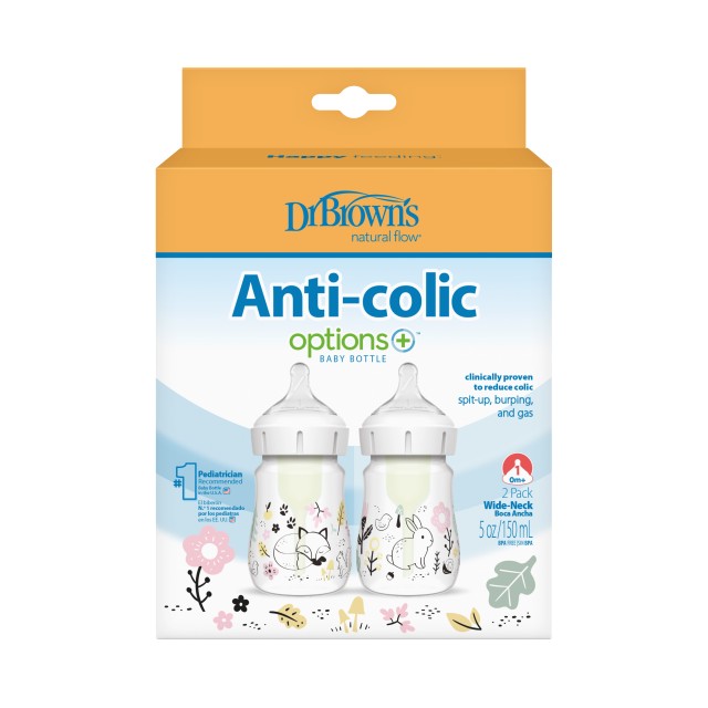 Dr. Browns Promo Natural Flow® Anti-Colic Options+™, Πλαστικό Μπιμπερό Δάσος Με Φαρδύ Λαιμό για 0m+, 2x150ml