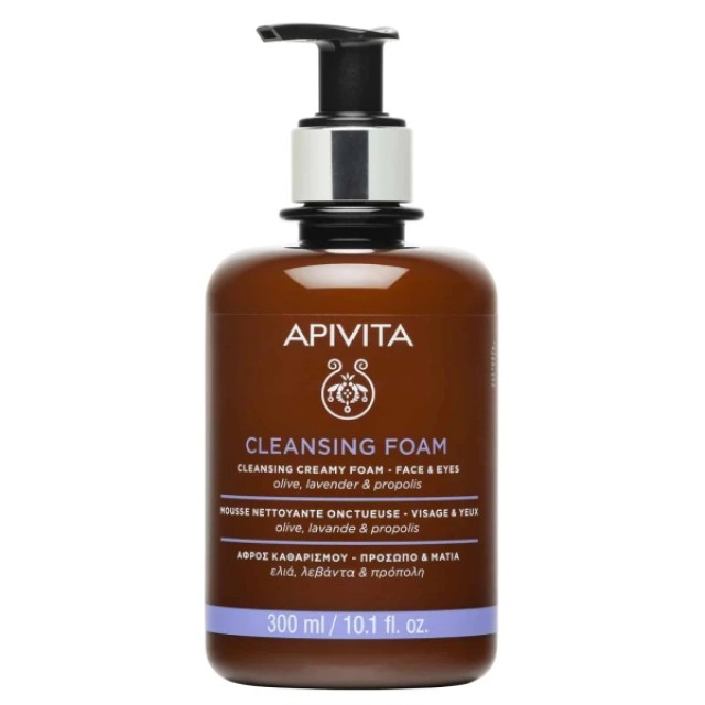 Apivita Cleansing Foam Κρεμώδες Αφρός Καθαρισμού Προσώπου & Ματιών με Πρόπολη,Ελιά και Λεβάντα 300ml