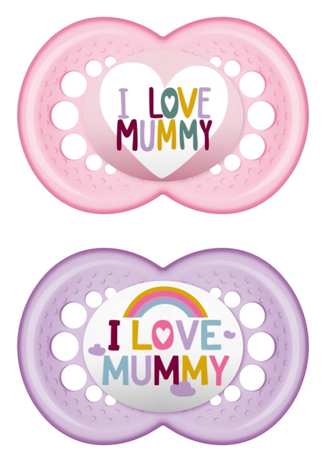 MAM Πιπίλα Σιλικόνης I love Mummy & Daddy 16m+ Χρώμα Ροζ-Μωβ, 2τμχ