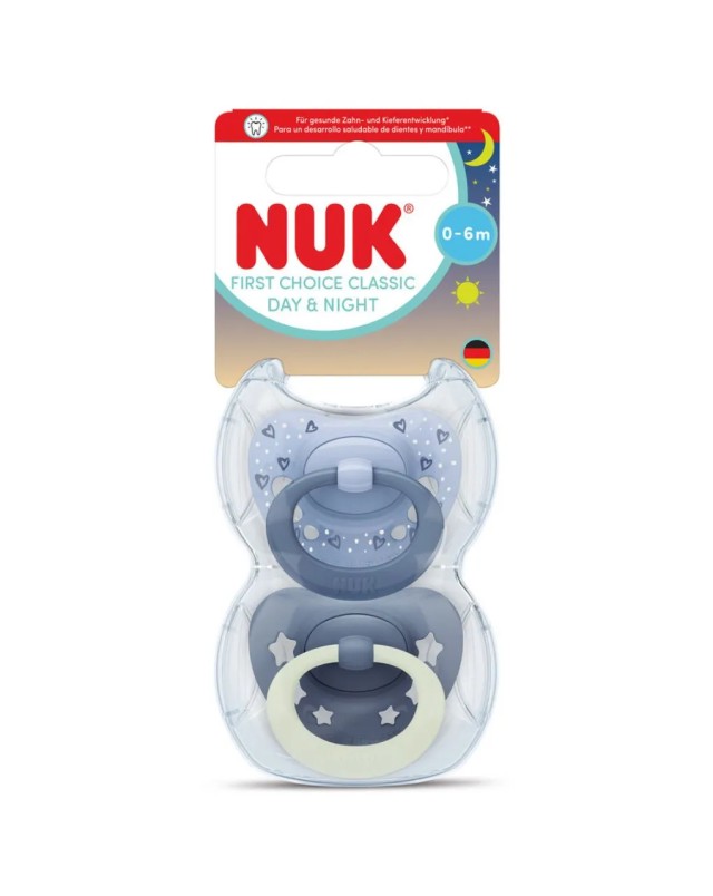 NUK First Choice Classic Day & Night Πιπίλα Σιλικόνης 0-6m Χρώμα Μπλε, 2τμχ