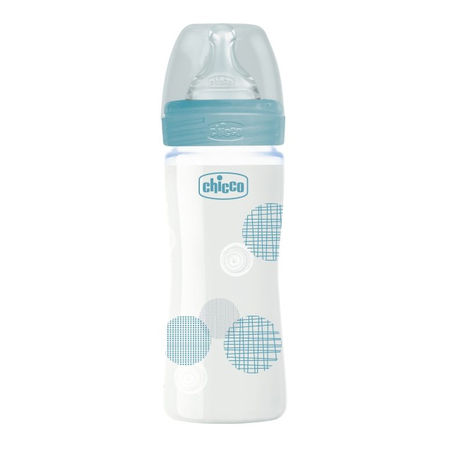Chicco Μπιμπερό Γυάλινο Well Being Σιέλ με Θηλή Σιλικόνης 240ml 0Μ+