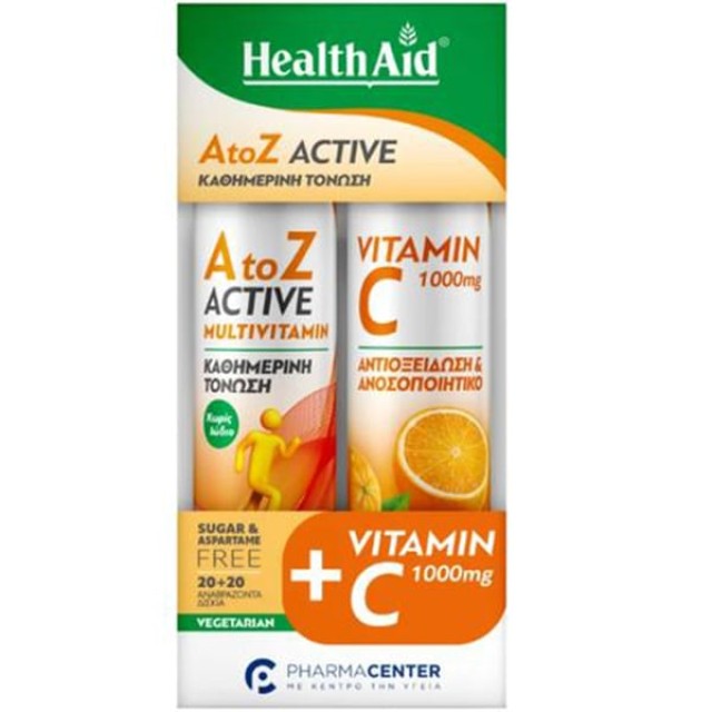 Health Aid Promo A to Z Active Multivitamin Γεύση Τροπικά Φρούτα 20 eff. tabs + Vitamin C 1000mg Γεύση Πορτοκάλι 20 eff. tabs