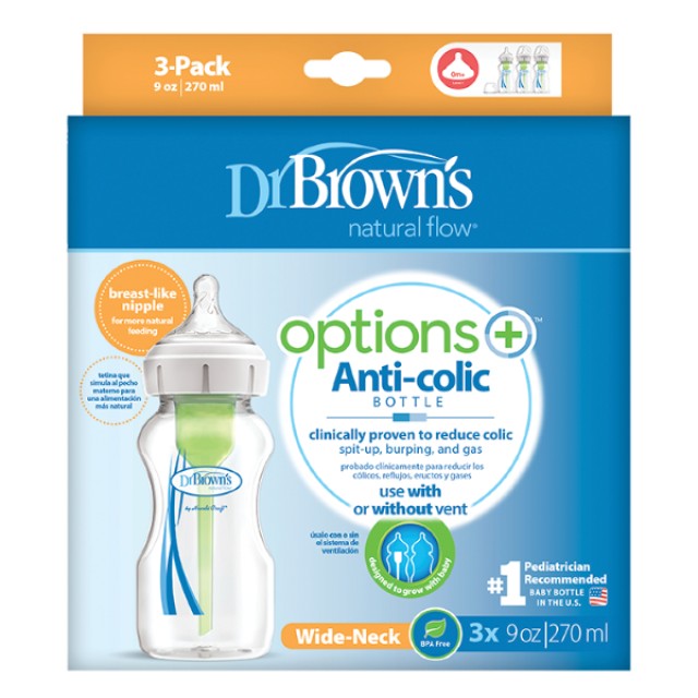 Dr. Browns Options+ Μπιμπερό Πλαστικό με Φαρδύ Λαιμό 270ml, 3τμχ
