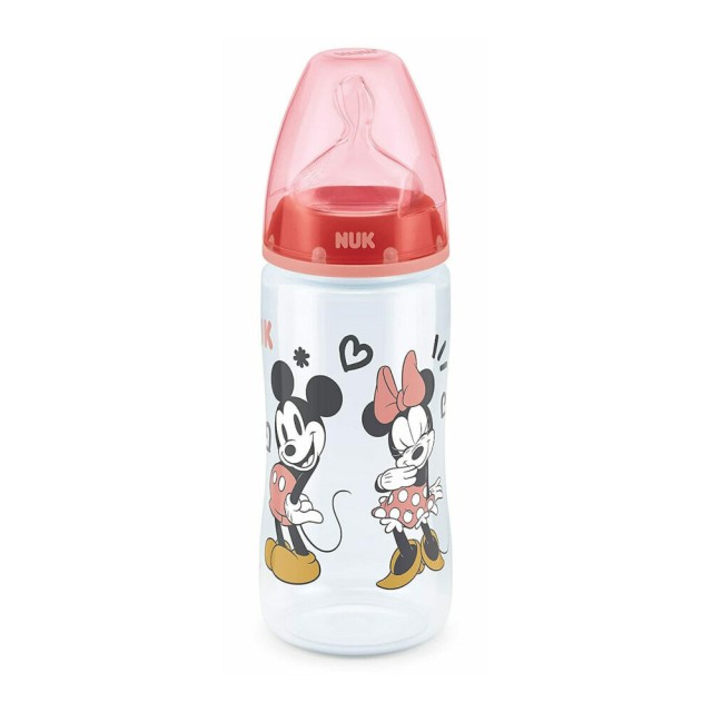 NUK First Choice+ Disney Mickey Mouse Μπιμπερό Πλαστικό 6-18m με Δείκτη Ελέγχου Θερμοκρασίας με θηλή σιλικόνης Mεσαίας Οπής 300ml Χρώμα Κόκκινο, 1τμχ