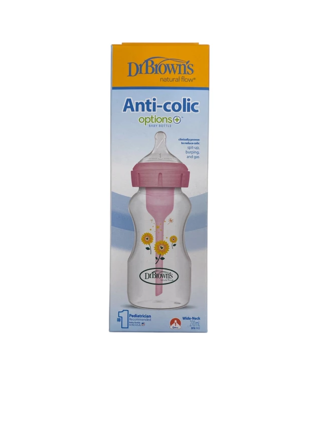 Dr. Browns Μπιμπερό Πλαστικό Anti-Colic Options+ με Φαρδύ Λαιμό και θηλή σιλικόνης 0m+ Χρώμα Ροζ 270ml, 1τμχ
