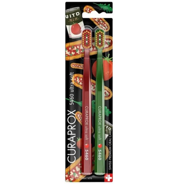 Curaprox Duo Pizza Edition Οδοντόβουρτσα Ultra Soft 5460 Χρώμα Κόκκινο-Πράσινο, 2τμχ