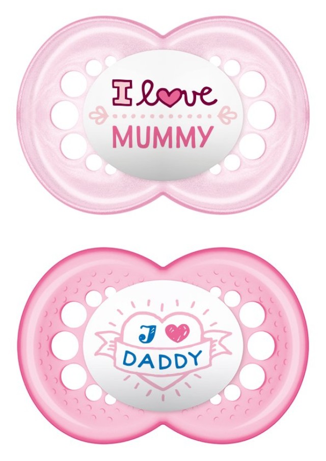 MAM Πιπίλα Σιλικόνης Ι Love Mummy & Daddy 16m+ Χρώμα Ροζ, 2τμχ