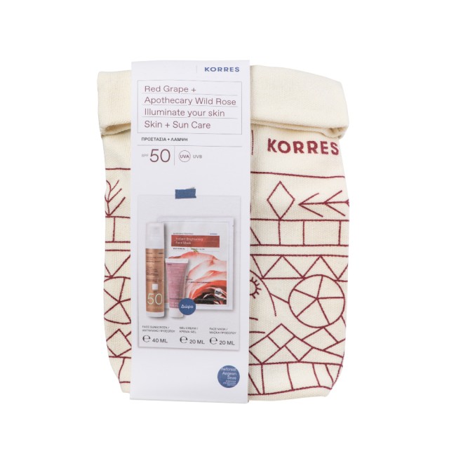 Korres Set Red Grape Face Sunscreen Κόκκινο Σταφύλι Αντηλιακή Κρέμα Προσώπου με Διάφανη Λάμψη SPF50 40ml + Δώρο Gel Cream 20ml + Face Mask 20ml