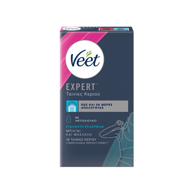 Veet Easy-Gel Ταινίες Κεριού Ευαίσθητη Επιδερμίδα για Μπικίνι & Μασχάλες 16 Ταινίες κεριού + 3 Μαντηλάκια Perfect Finish
