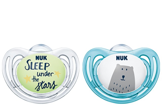 NUK Hello Adventure Duo - Day & Night Πιπίλα Σιλικόνης 0-6m Χρώμα Μπλε-Διάφανο, 2τμχ