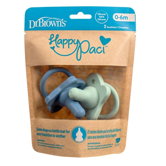 Dr. Browns Happy Paci Πιπίλα Σιλικόνης 0-6m Χρώμα Μπλε και Πράσινη, 2τμχ