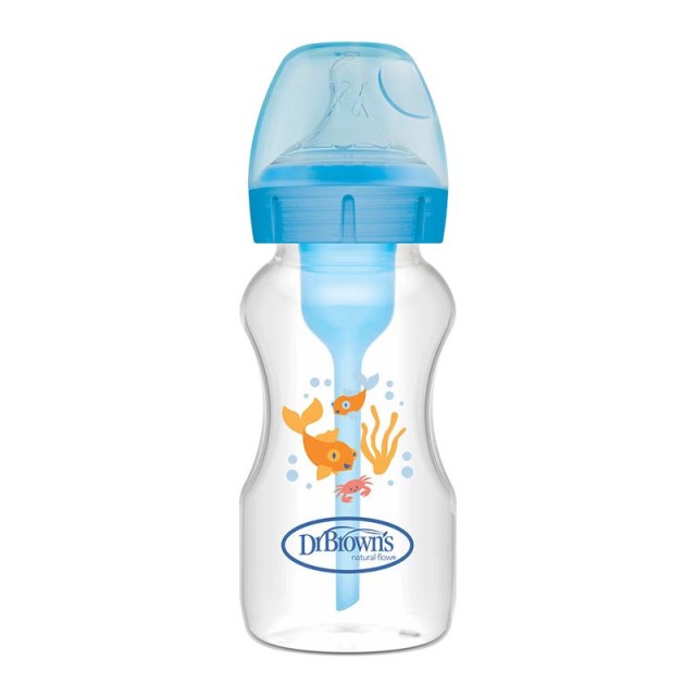 Dr. Browns Μπιμπερό Πλαστικό Anti-Colic Options+ με Φαρδύ Λαιμό και θηλή σιλικόνης 0m+ Χρώμα Μπλε 270ml, 1τμχ