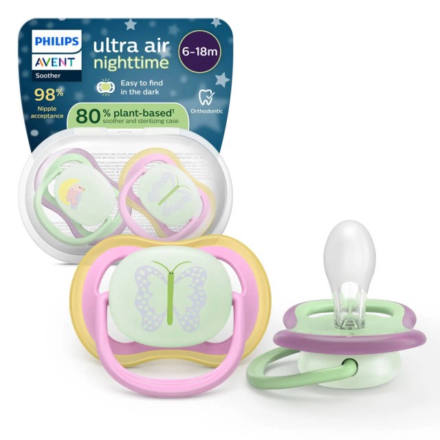 Avent Πιπίλα Σιλικόνης Ultra Air Nighttime 6-18m SCF376/29 Χρώμα Πράσινο-Ροζ, 2τμχ
