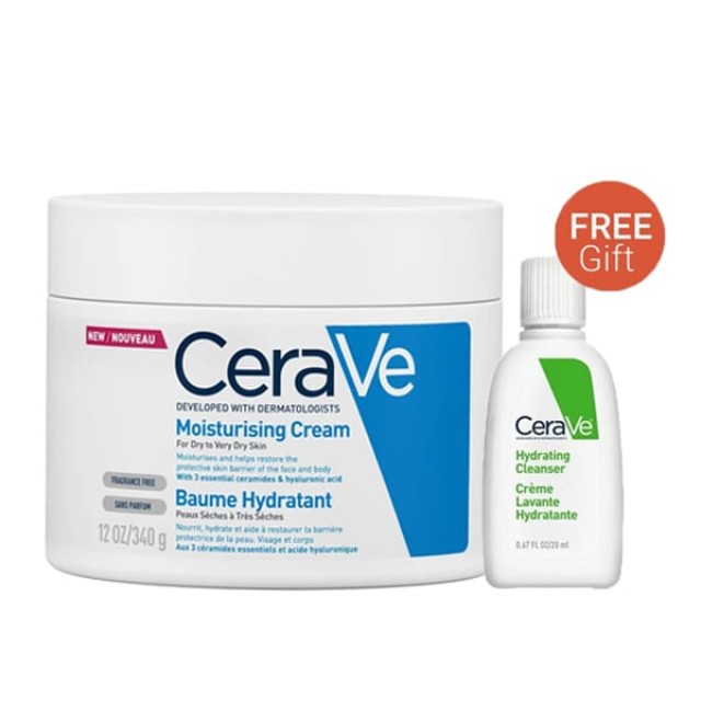 CeraVe Moisturising Cream Ενυδατική Κρέμα για Ξηρό - Πολύ Ξηρό Δέρμα 340gr + ΔΩΡΟ Hydrating Cleanser 20ml