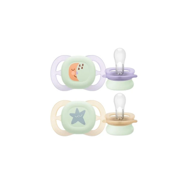 Avent Πιπίλα Σιλικόνης Ultra Start Nighttime 0-2m SCF075/07 Χρώμα Μώβ-Σομόν , 2τμχ