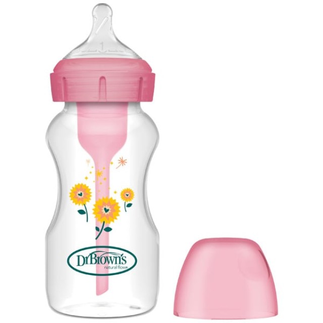 Dr. Browns Μπιμπερό Πλαστικό Anti-Colic Options+ με Φαρδύ Λαιμό και θηλή σιλικόνης 0m+ Χρώμα Ροζ 270ml, 1τμχ