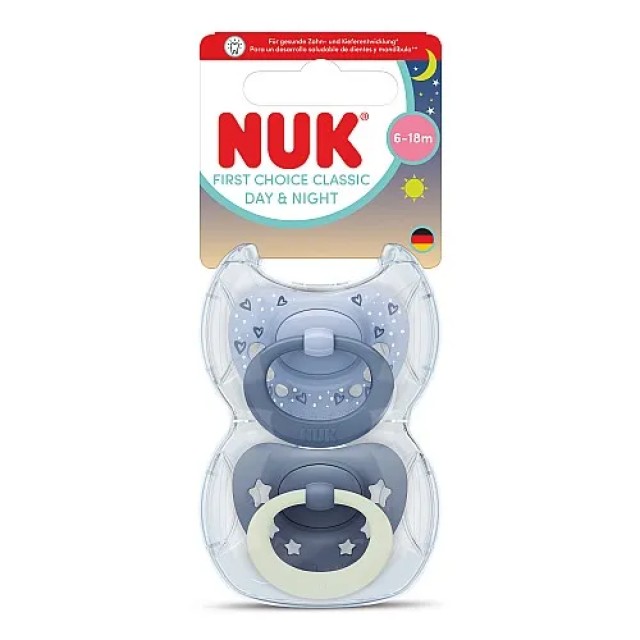 NUK First Choice Classic Day & Night Πιπίλα Σιλικόνης 6-18m Χρώμα Μπλε, 2τμχ