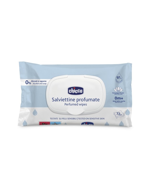 Chicco Perfumed Wipes Μωρομάντηλα Χωρίς Οινόπνευμα & Σαπούνι με Καπάκι 0m+, 72τεμ