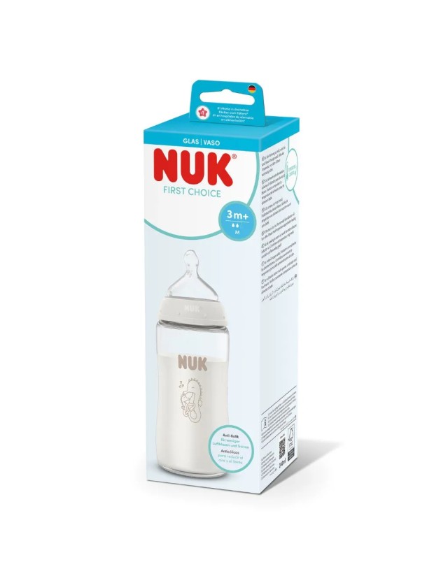 NUK First Choice Μπιμπερό Γυάλινο 3m+ με θηλή σιλικόνης Μεσαία Οπή 240ml Χρώμα Άσπρο, 1τμχ