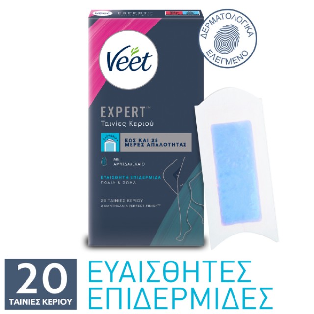 Veet Easy-Gel Ταινίες Κεριού Ευαίσθητη Επιδερμίδα για Σώμα & Πόδια 20 Ταινίες Κεριού + 2 Μαντηλάκια Perfect Finish