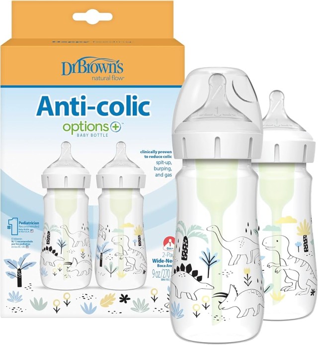 Dr. Browns Μπιμπερό Πλαστικό Anti-Colic Options+ με Φαρδύ Λαιμό και θηλή σιλικόνης 0m+ Σχέδιο Δεινόσαυροι 270ml, 2τμχ