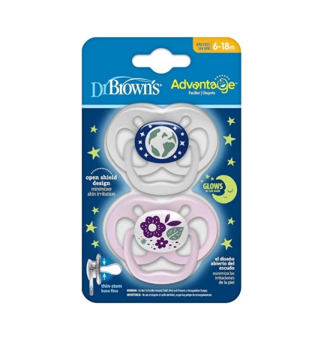 Dr.Browns Πιπίλα Σιλικόνης Advantage Νυκτός 6-18m Χρώμα Γκρί-Ρόζ, 2τμχ