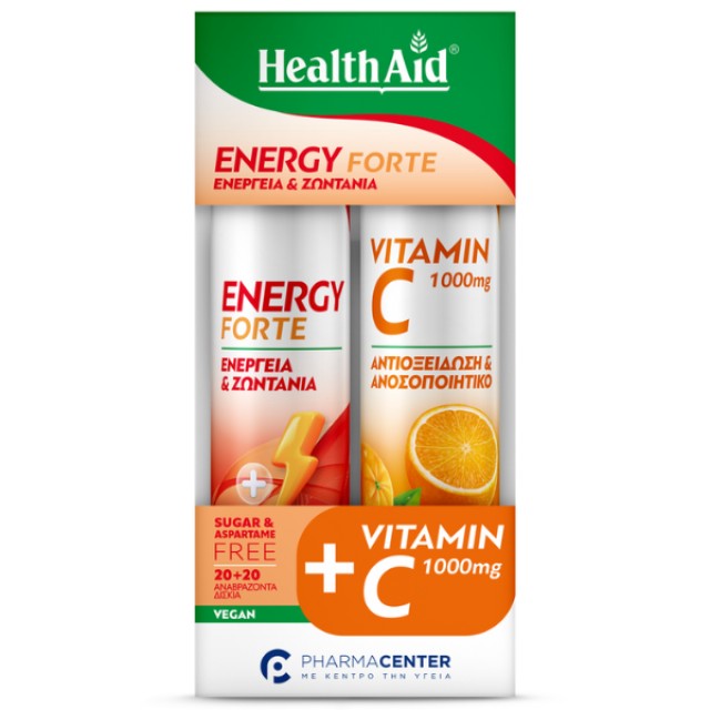 Health Aid Promo Energy Forte Γεύση Τροπικά Φρούτα 20 eff. tabs + Vitamin C 1000mg Γεύση Πορτοκάλι 20 eff. tabs