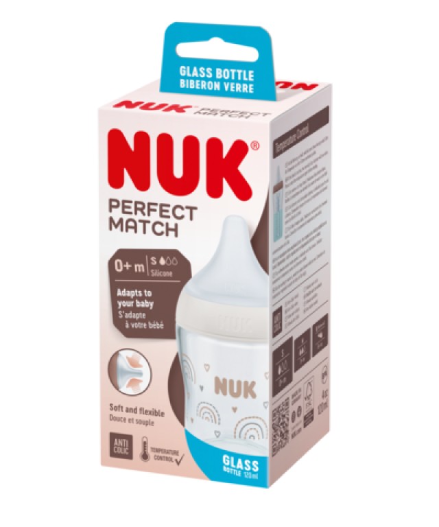 NUK Perfect Match Μπιμπερό Γυάλινο 0m+ με Δείκτη Ελέγχου Θερμοκρασίας με θηλή σιλικόνης Mικρής Οπής 120ml Χρώμα Λευκό, 1τμχ