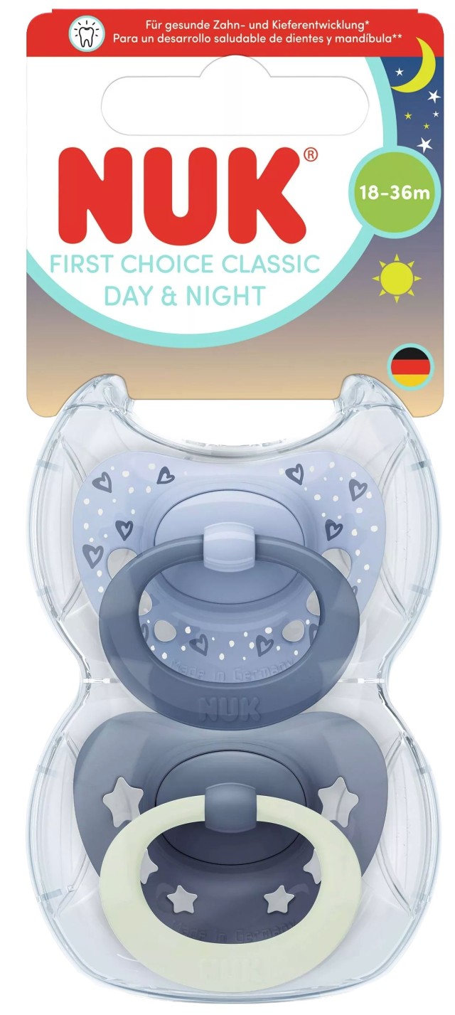 NUK First Choice Classic Day & Night Πιπίλα Σιλικόνης 18-36m Χρώμα Μπλε, 2τμχ