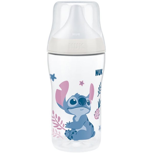 NUK Stitch Perfect Match Μπιμπερό Πλαστικό 3m+ με Δείκτη Ελέγχου Θερμοκρασίας με θηλή σιλικόνης Mεσαίας Οπής 260ml Χρώμα Άσπρο, 1τμχ