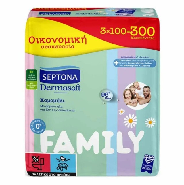 Septona Dermasoft Μωρομάντηλα για όλη την οικογένεια με χαμομήλι 3x100τμχ