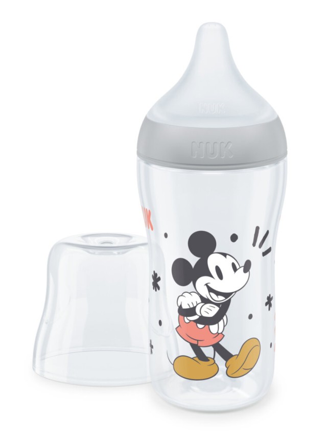 NUK Mickey Mouse Perfect Match Μπιμπερό Πλαστικό 3m+ με Δείκτη Ελέγχου Θερμοκρασίας με θηλή σιλικόνης Mεσαίας Οπής 260ml Χρώμα Γκρι, 1τμχ