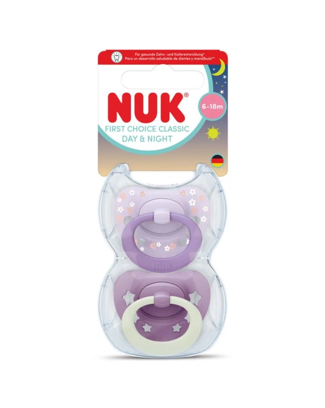NUK First Choice Classic Day & Night Πιπίλα Σιλικόνης 6-18m Χρώμα Μωβ, 2τμχ