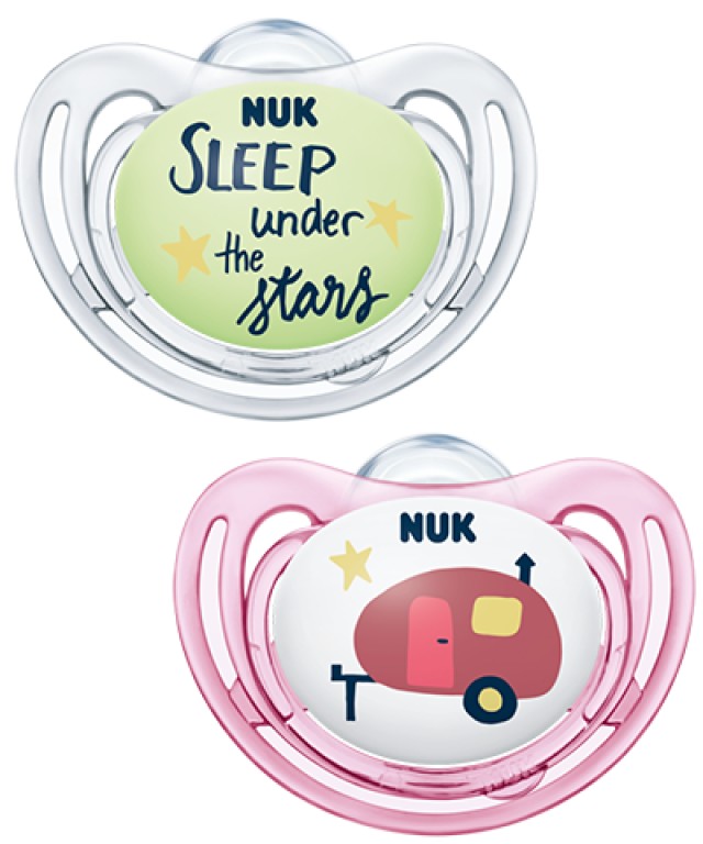 NUK Hello Adventure Duo - Day & Night Πιπίλα Σιλικόνης 6-18m Χρώμα Ροζ-Διάφανο, 2τμχ