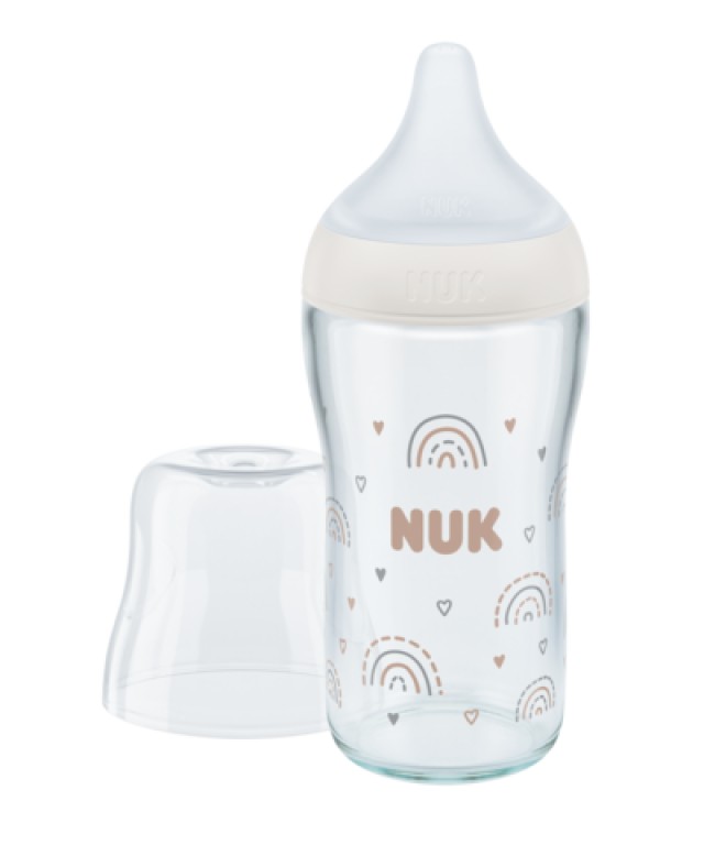 NUK Perfect Match Μπιμπερό Γυάλινο 3m+ με Δείκτη Ελέγχου Θερμοκρασίας με θηλή σιλικόνης Mεσαίας Οπής 230ml Χρώμα Λευκό, 1τμχ