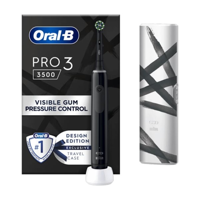 Oral-B Pro 3 3500 Black Design Edition Επαναφορτιζόμενη Ηλεκτρική Οδοντόβουρτσα Χρώμα Μαύρο με Θήκη Ταξιδίου, 1τμχ