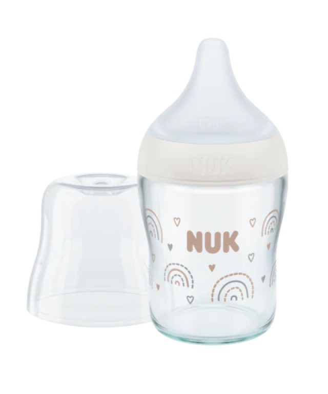 NUK Perfect Match Μπιμπερό Γυάλινο 0m+ με Δείκτη Ελέγχου Θερμοκρασίας με θηλή σιλικόνης Mικρής Οπής 120ml Χρώμα Λευκό, 1τμχ