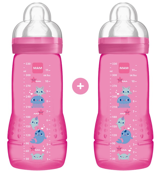 MAM Σετ 2 Μπιμπερό Easy Active™ Baby Bottle 4m+ 330ml Χρώμα Ροζ, 2τμχ