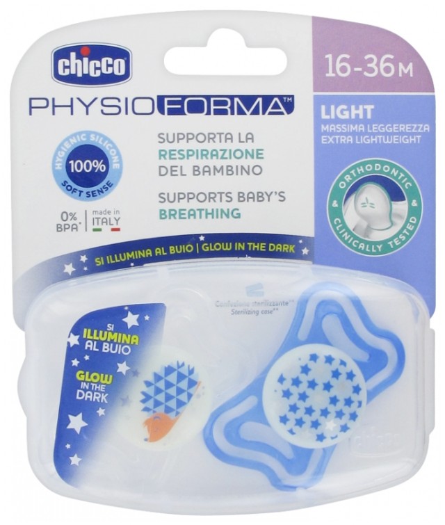 Chicco Πιπίλα Σιλικόνης Physio Forma Light Night 16-36m Χρώμα Λευκό-Μπλε, 2τμχ