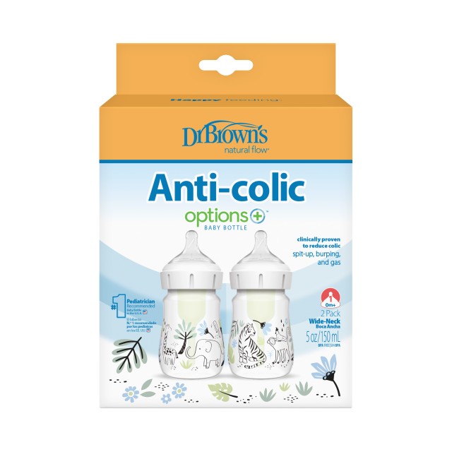 Dr. Browns Promo Natural Flow® Anti-Colic Options+™, Πλαστικό Μπιμπερό Ζούγκλα Με Φαρδύ Λαιμό για 0m+, 2x150ml