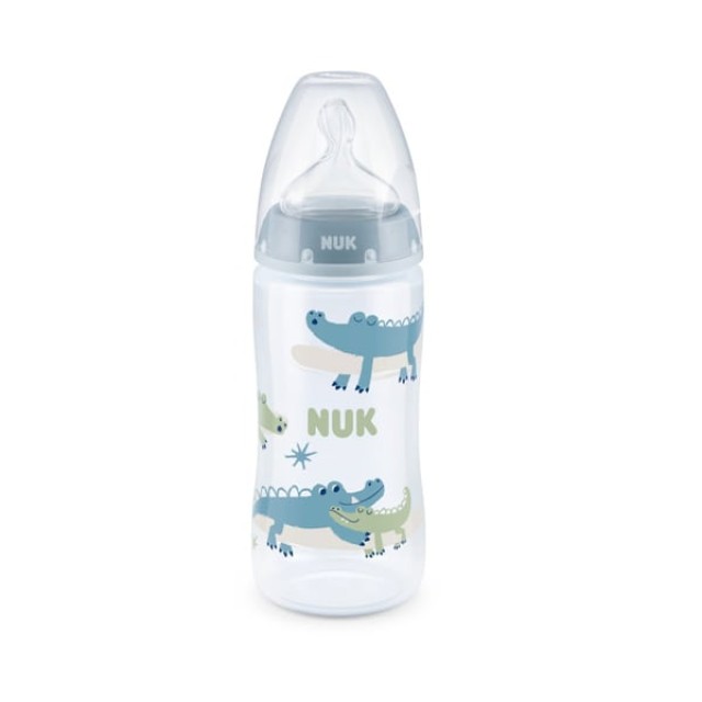 NUK First Choice Plus Μπιμπερό Πλαστικό 6-18m Με Δείκτη Ελέγχου Θερμοκρασίας με θηλή σιλικόνης Mεσαίας Οπής 300ml Χρώμα Γαλάζιος Κροκόδειλος, 1τμχ
