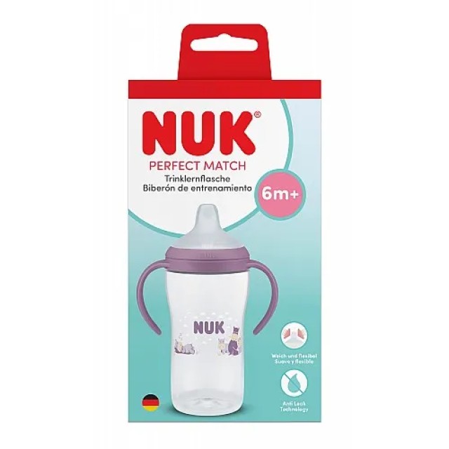 NUK Perfect Match Μπιμπερό Εκπαίδευσης 6m+ με Δείκτη Ελέγχου Θερμοκρασίας 260ml Χρώμα Μωβ, 1τμχ
