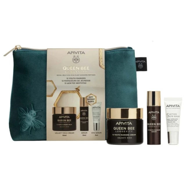 Apivita Promo Queen Bee Longevity 12 Youth Markers Cream Velvety Rich, 50ml & Serum, 10ml & Eye Serum, 5ml