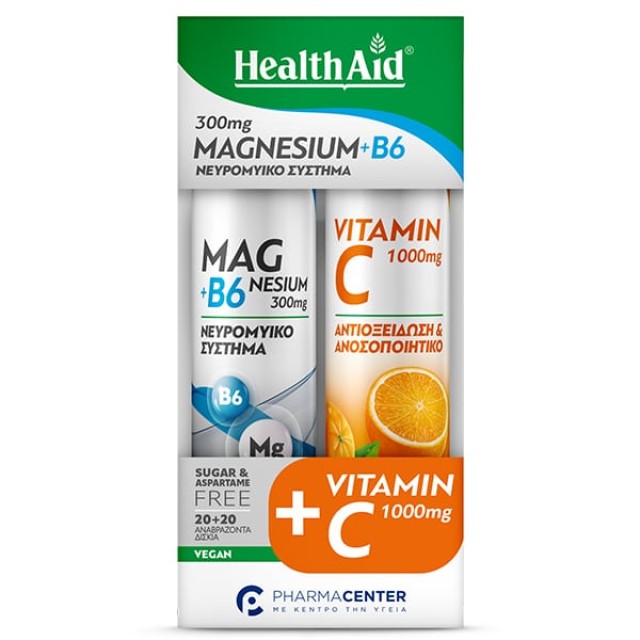 Health Aid Promo Magnesium + B6 Γεύση Λεμόνι 20 eff. tabs + Vitamin C 1000mg Γεύση Πορτοκάλι 20 eff. tabs