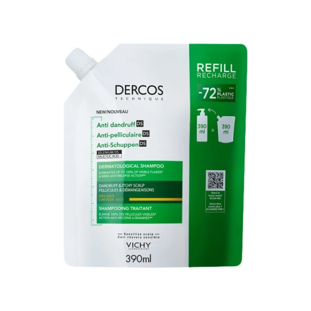 Vichy Dercos Anti-Dandruff DS Shampoo Refill for Dry Hair, Αντιπυτιριδικό σαμπουάν για Ξηρά μαλλιά, 390ml