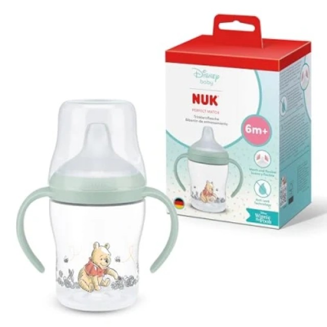 NUK Perfect Match Disney Winnie the Pooh Μπιμπερό Εκπαίδευσης 6m+ με Δείκτη Ελέγχου Θερμοκρασίας 150ml Χρώμα Φυστικί, 1τμχ