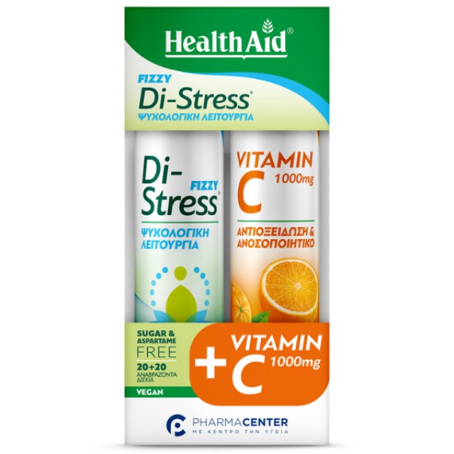 Health Aid Promo Fizzy Di-Stress Γεύση Λεμόνι-Ανανάς 20 eff. tabs + Vitamin C 1000mg Γεύση Πορτοκάλι 20 eff. tabs