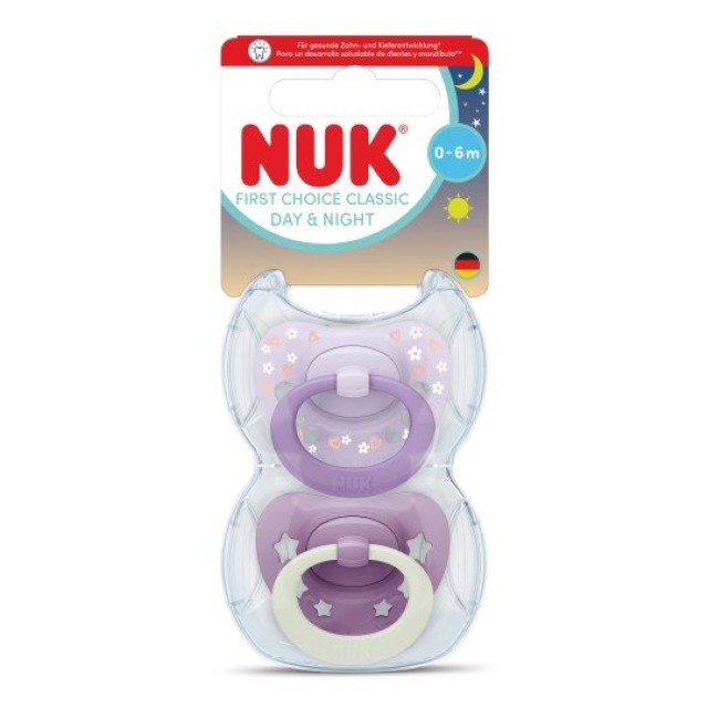 NUK First Choice Classic Day & Night Πιπίλα Σιλικόνης 0-6m Χρώμα Μωβ, 2τμχ