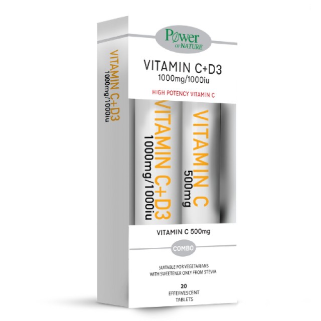 Power Health Vitamin C+D3 1000mg/1000iu με γεύση Τζίντζερ-Λεμόνι 20 eff.tabs + Δώρο Vitamin C 500mg 20 eff.tabs