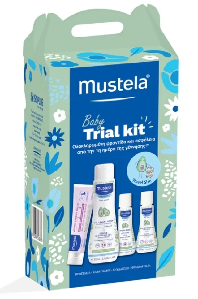 Mustela Baby Trial Kit Gel Lavant Doux 200ml, Hydra Bebe Body Lotion 50ml, No Rinse Cleansing Water 50ml, Vitamin Barrier Cream 1-2-3 50ml